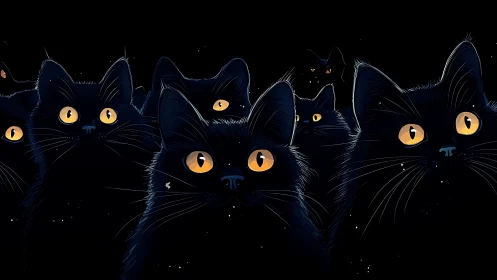 Neon-Eyed Black Cats Against Starlit Darkness.