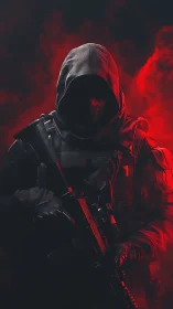 Hooded tactical assassin emerges from crimson battle smoke
