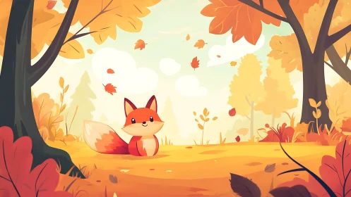 Playful fox resting in warm stylized autumn forest scene.