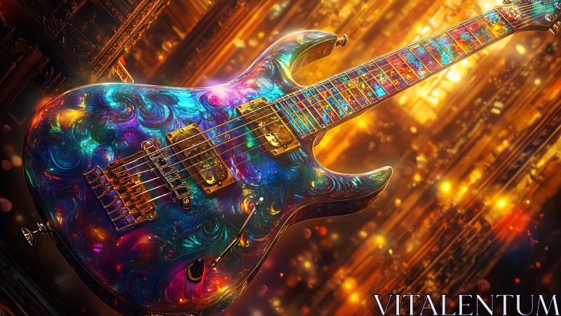 Electric guitar with multicolor finish on abstract backdrop.