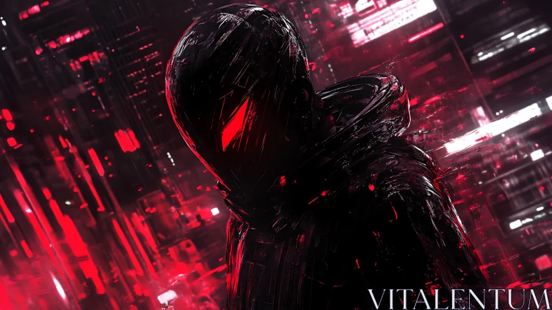 Shadowed cyber figure glows with sharp red digital energy