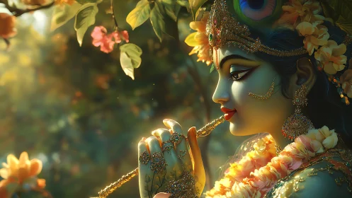 Deity figure plays flute amid soft-focus foliage and flowers