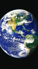 North and South America on sunlit Earth from space view.