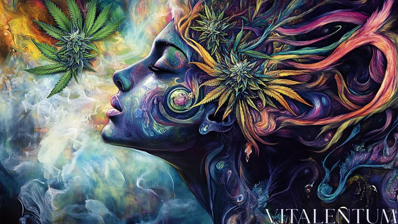 Dream-lit goddess exhales galaxies of swirling cannabis blooms