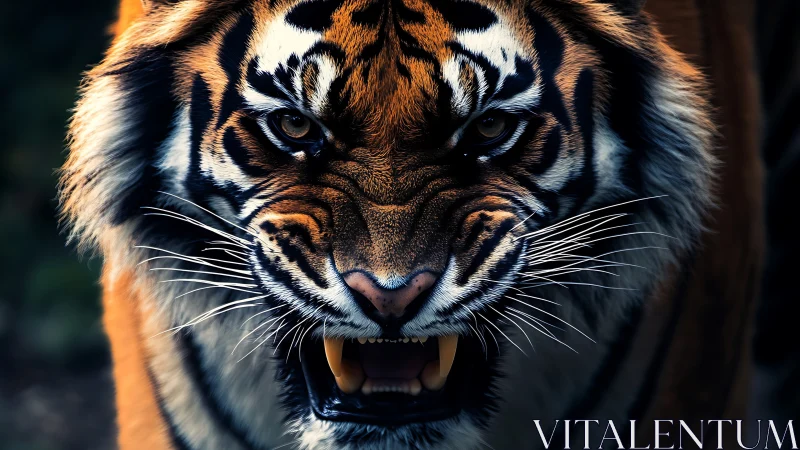 High-contrast close-up of snarling tiger with accentuated fur detail