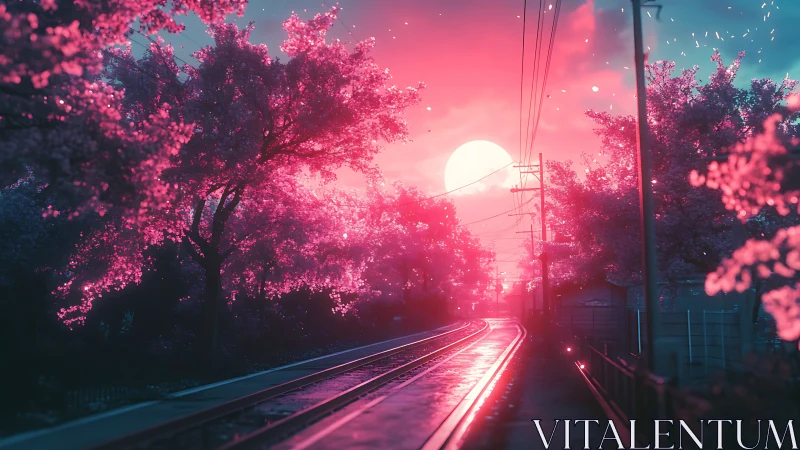 Neon cherry blossom railway glowing under surreal sunset