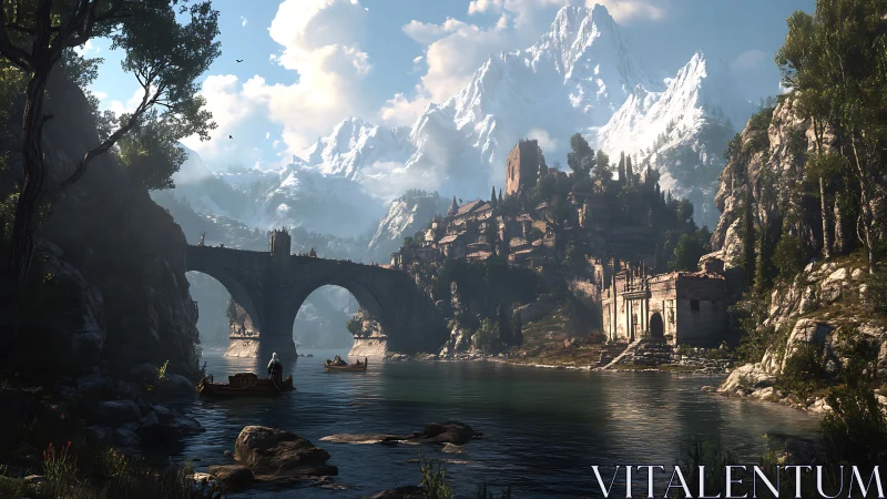 River whispers beneath a stone bridge toward snowlit citadel
