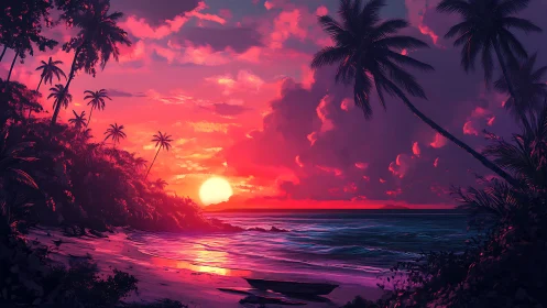 Radiant tropical sunset bathes a quiet palm-lined shore