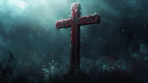 Weathered crimson cross glowing softly in misty twilight.