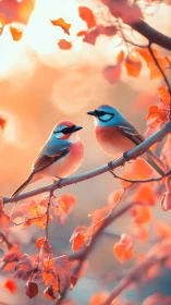 Two songbirds rest on autumn branch in warm bokeh light