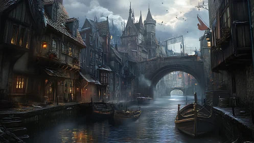 Moody medieval canal city rendered in detailed digital painting