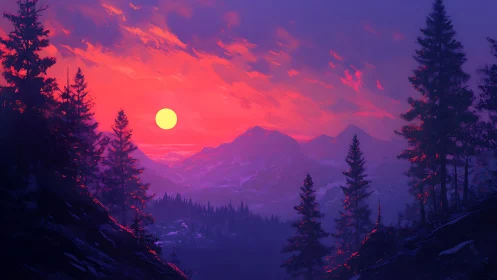 Mountain valley landscape under vivid sunset sky.