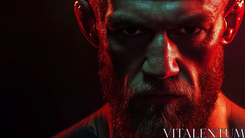 Brooding fighter’s gaze drenched in bold red light.