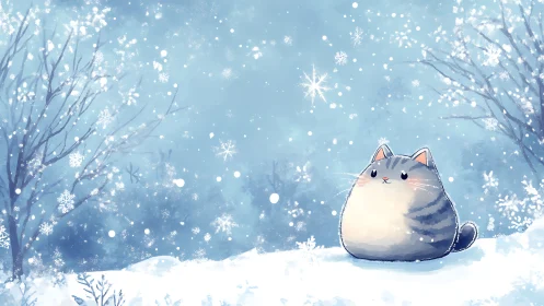 Round gray cat sits in quiet snowy winter landscape.