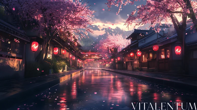 Cherry blossom canal glows under lanterns at tranquil dusk