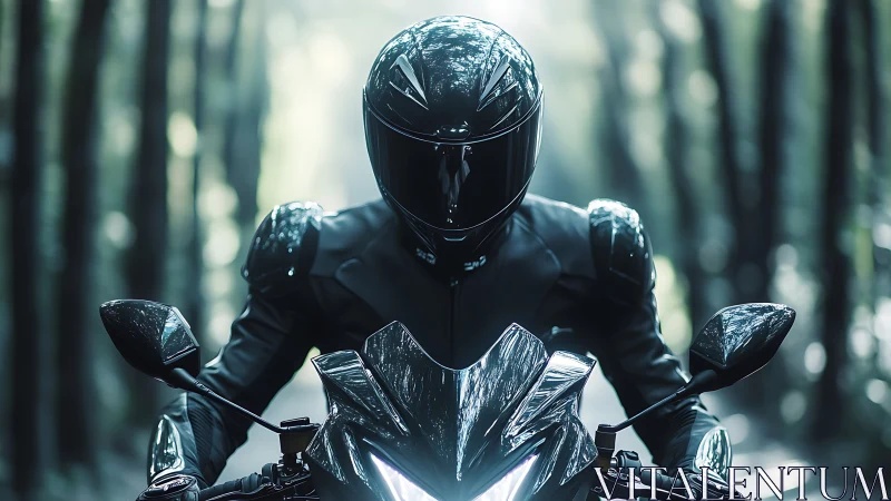 Photorealistic motorcyclist portrait with cinematic forest lighting.