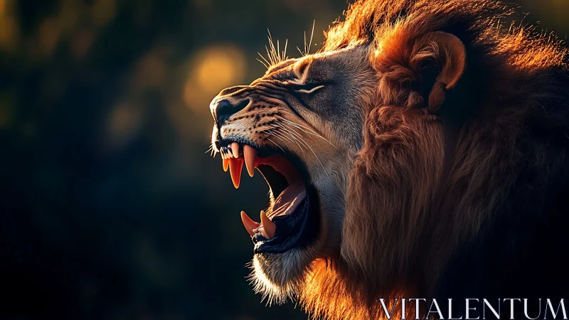 Roaring lion profile under dramatic warm rim lighting