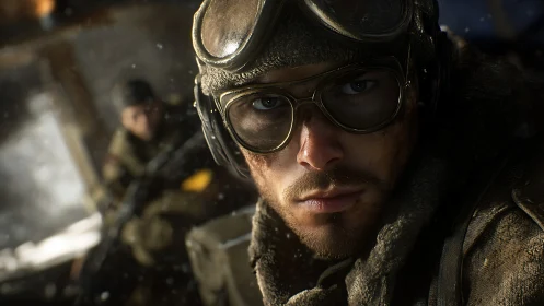 Frostbitten gunner stares down the storm between explosions