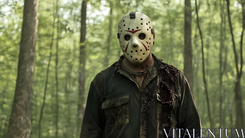 Masked horror figure standing in damaged clothes in forest.