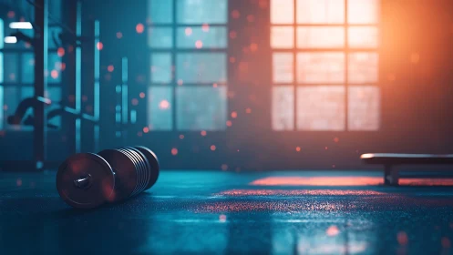 Solitary dumbbell rests in a moody, neon lit training studio