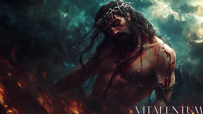 Suffering man in chains amid fire and stormy sky scene.