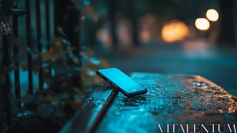 Smartphone placed on wet surface under urban evening lighting