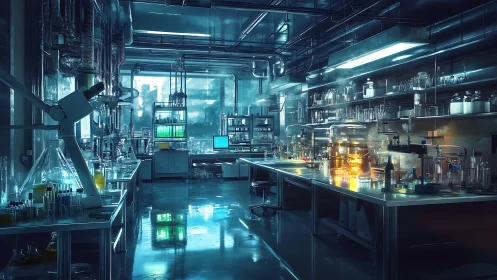 Neon alchemy in a chrome lab of quiet midnight experiments.