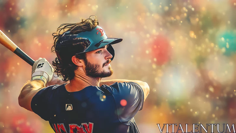 Right-handed batter in mid-swing amid glowing bokeh field.