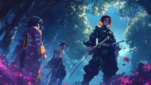 Forest duel at dawn with three determined anime warriors.