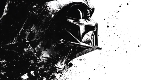 Monochrome helmet profile with abstract splatter effects.