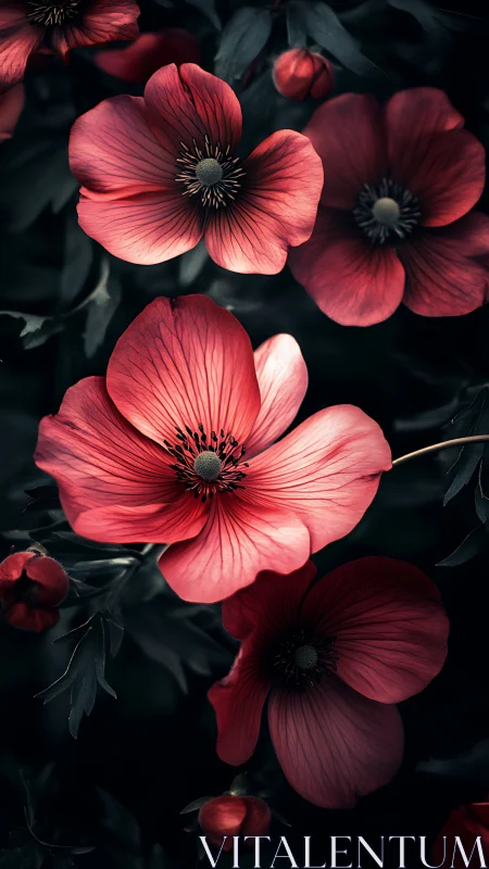 Red and pink poppy flowers photographed against dark foliage background
