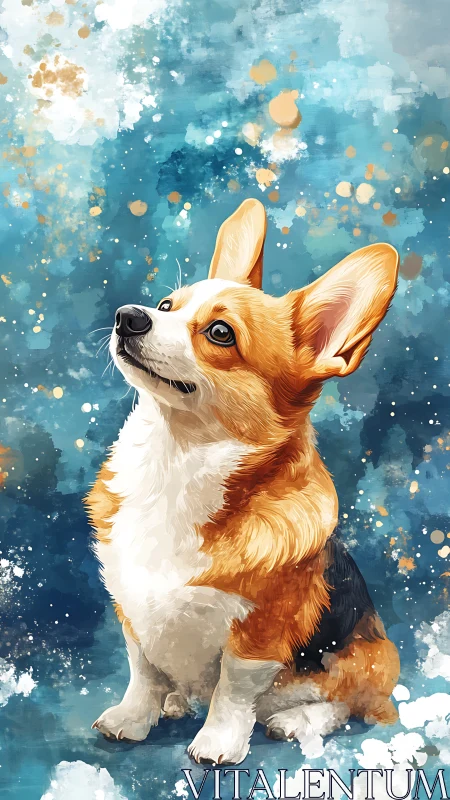 Tri-color corgi portrait against abstract teal splatter field