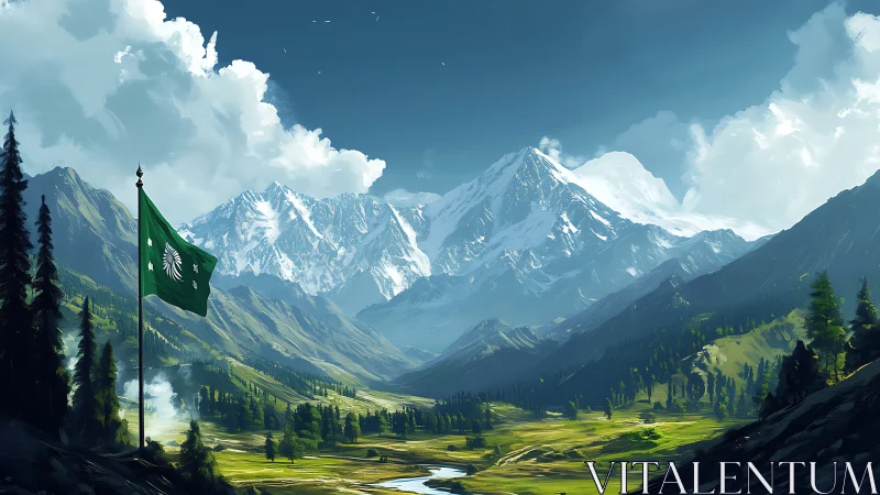 Snow peak range above lush alpine valley with green flag.