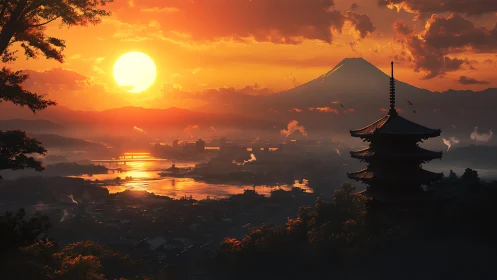 Sunset over Japanese pagoda and distant volcanic peak.
