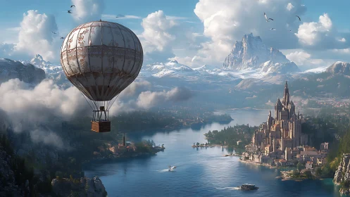Gentle hot air balloon drifting above a storybook kingdom.