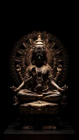 Golden multi-armed deity statue glows against dark void.