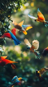Tropical Parrot Carousel Spinning Through Emerald Light.