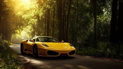 Yellow sports coupe glides through sunlit forest roadway