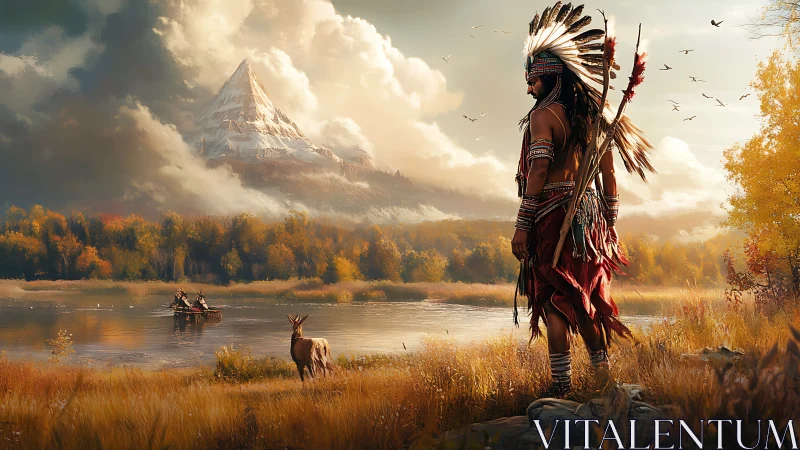 Native warrior overlooking river, mountains and elk scene.