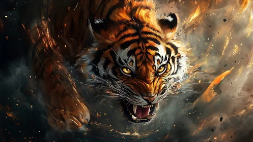 Tiger head and forelimbs emerge through abstract fiery debris