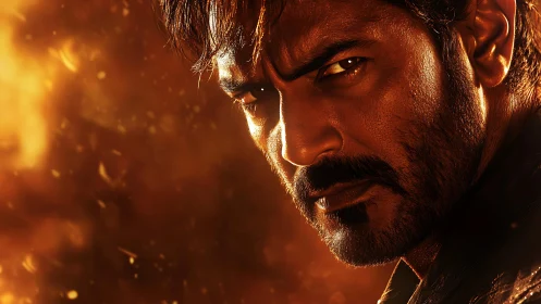 Intense close‑up portrait in glowing ember light.