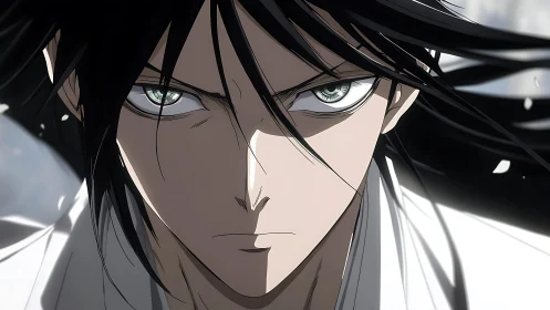 Intense close-up of determined anime swordsman with windblown hair