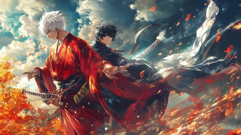 Two storm-born swordsmen share a fiery autumn sky together