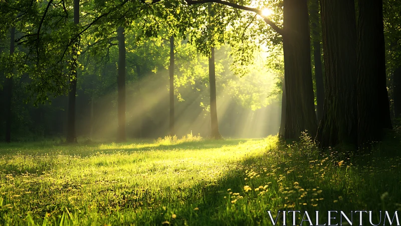 Sunbeams Through Forest Trees in Serene Morning Landscape.