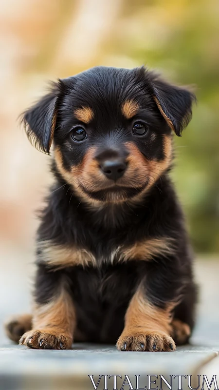 Portrait of a black and tan puppy in shallow depth-of-field