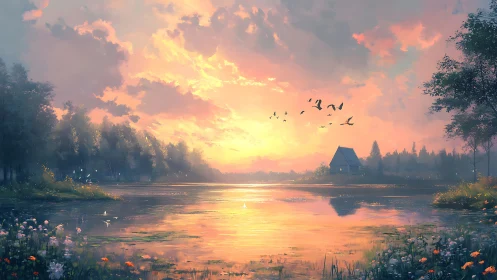 Lakeside sunset landscape renders volumetric light and soft haze