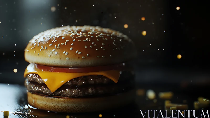 Double cheeseburger close-up in cinematic moody lighting.