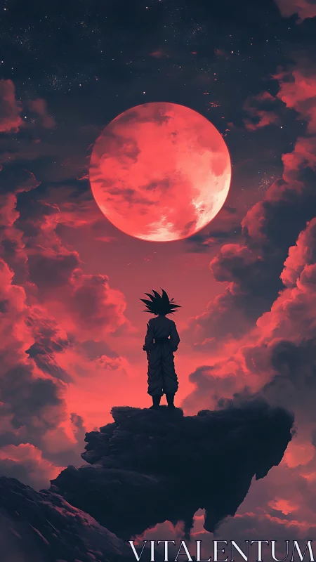 Lone warrior watching a crimson moon over drifting clouds.