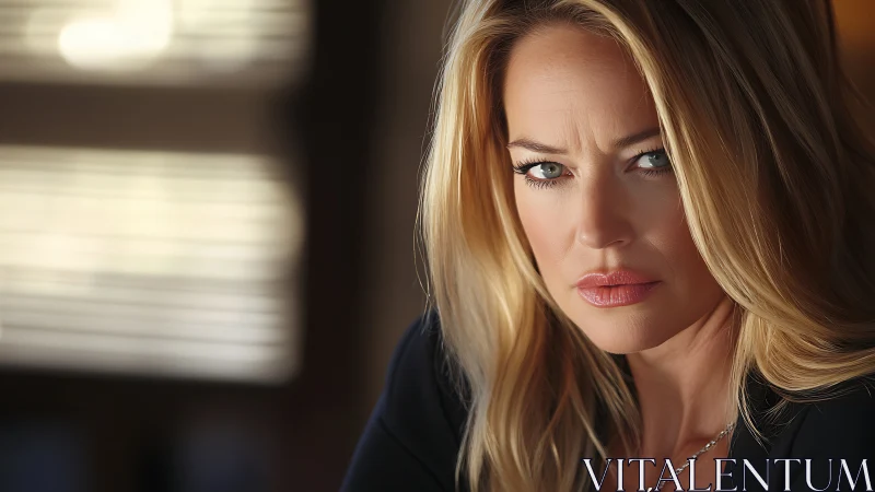 Serious blonde woman in close-up portrait indoors.