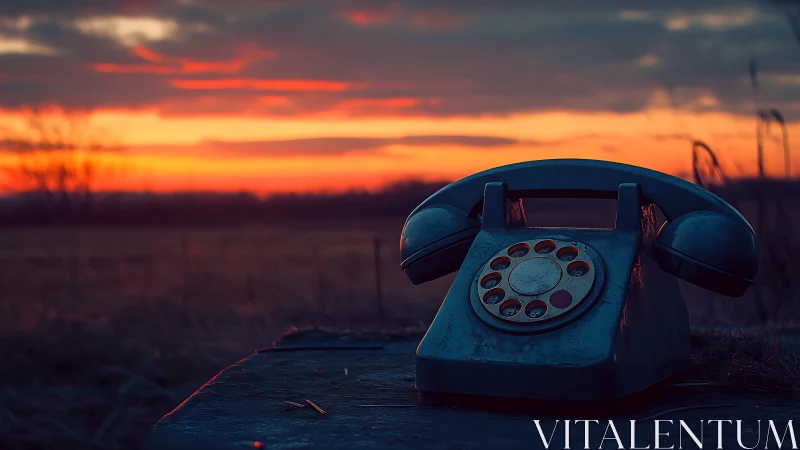 Vintage rotary phone rests under a glowing rural sunset.